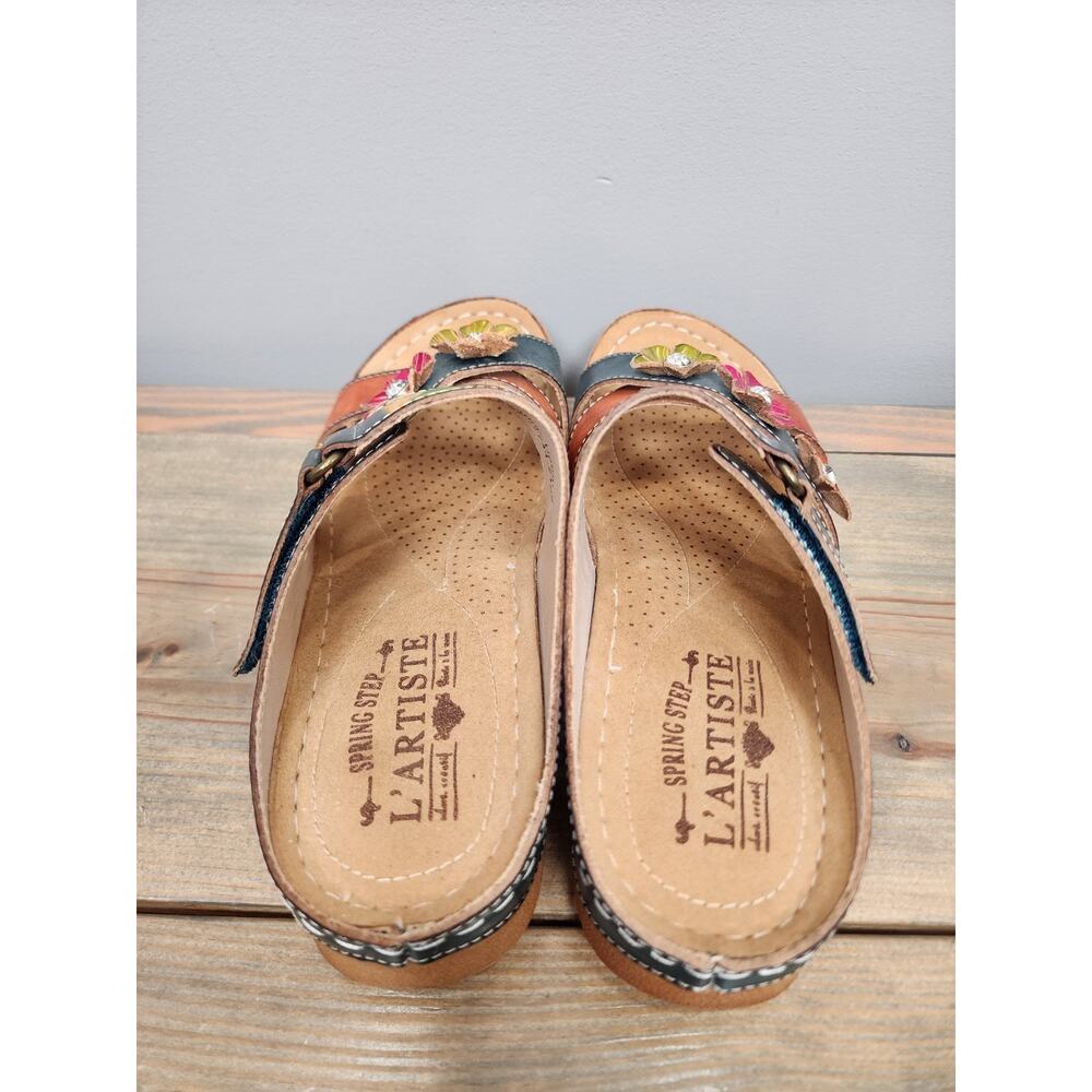 Comfort Floral Two-Tone Leather Slide Sandal - Teal & Rust - Picture 4 of 6